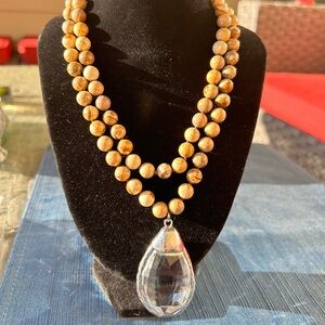 NWT Oak & Ivy Natural Tan Beaded Necklace with Clear Teardrop Pendant